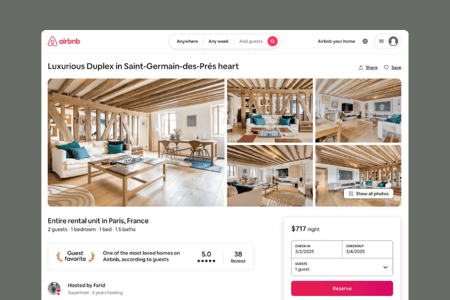 บ้านเช่า Airbnb ห้องพักในปารีส ฝรั่งเศส ตกแต่งด้วยไม้สไตล์โมเดิร์นผสมกลิ่นอายวินเทจ ราคาต่อคืน $717 เตียงนอนขนาดใหญ่ สะอาดสะอ้าน.